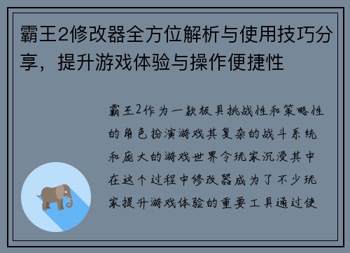 霸王2修改器全方位解析与使用技巧分享，提升游戏体验与操作便捷性
